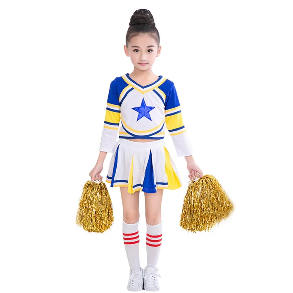 Girls Blue Cheerleader Outfit Cheerleading Uniform Halloween Fancy Dress Athletic Clothes Long Sleeve Complete | Детская одежда и