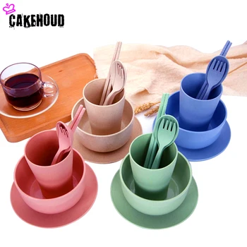 

CAKEHOUD Wheat Straw Plastic PP Dinnerware Set Portable Cutlery Travel Fork Bowl Dish Plate Hiking Camping Picnic Tableware
