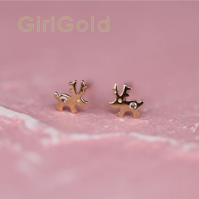 

14k solid gold reindeer snowflake Holiday Heart crystal earrings studs Dainty minimalist simple minimal styles Kids Girl gift