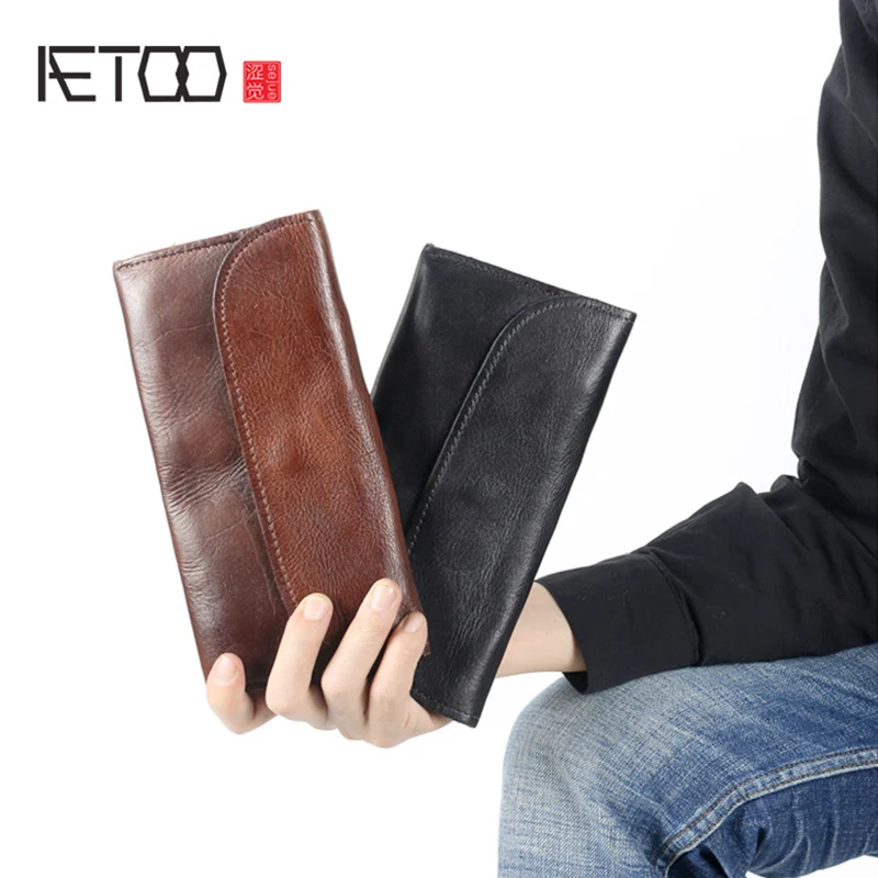 

AETOO Handmade leather wallet Men's long men buckle retro mobile phone Baotou layer cowhide multifunctional hand bag