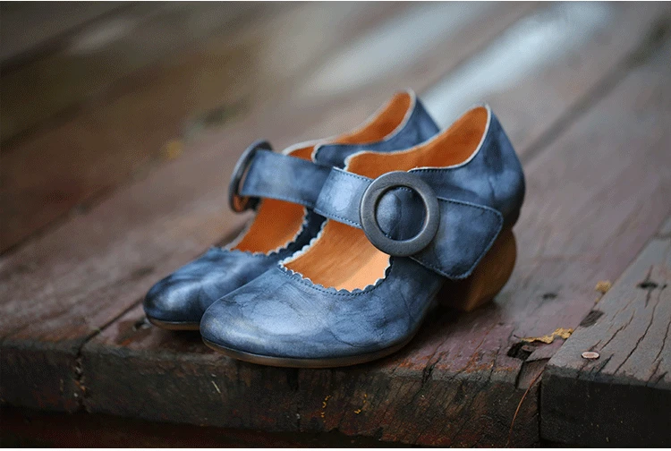 Г., женская обувь оригинального дизайна демисезонные туфли-лодочки Мэри Джейн на Высоком толстом каблуке Винтажный стиль из натуральной кожи с круглым носком