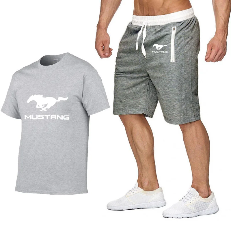 Мужская футболка с коротким рукавом и логотипом Mustang, летняя мужская футболка в стиле Харадзюку, Высококачественная хлопковая футболка, штаны, костюм, спортивная одежда