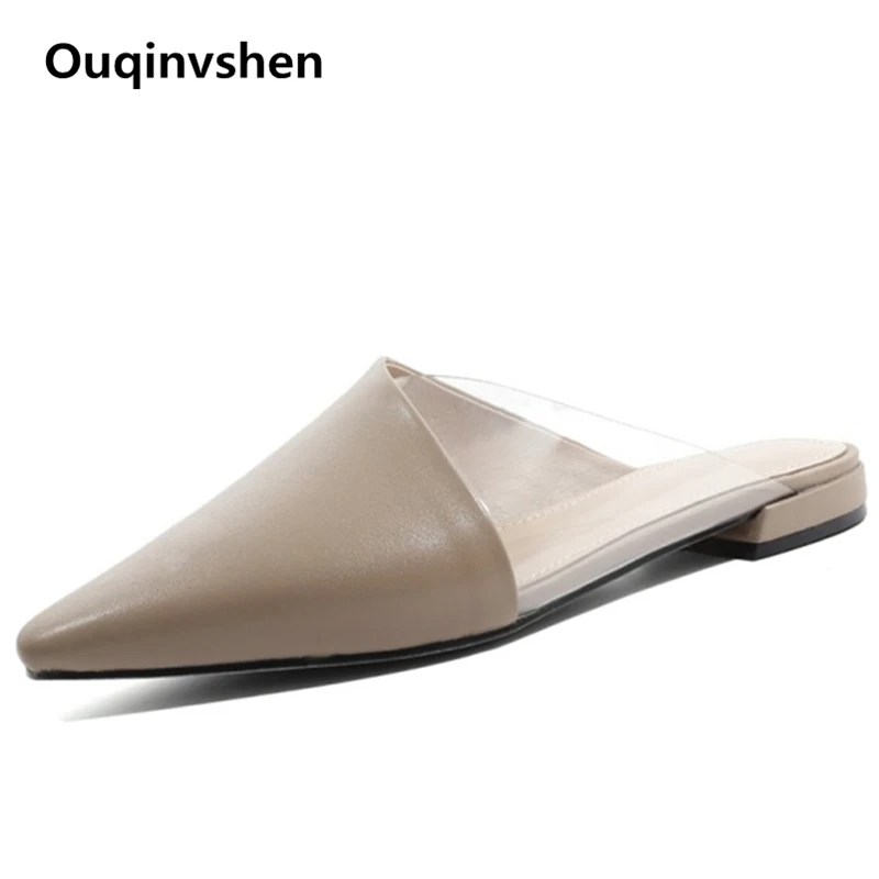 

Ouqinvshen Transparent Slippers Pointed Toe Concise Casual Genuine Leather Flats Slippers Women Outdoor Slippers Summer Women