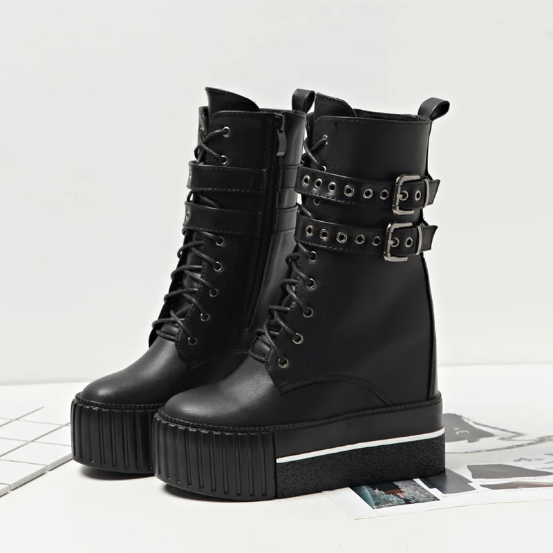 

New inner high round head ankle boots thick bottom double belt women's boots