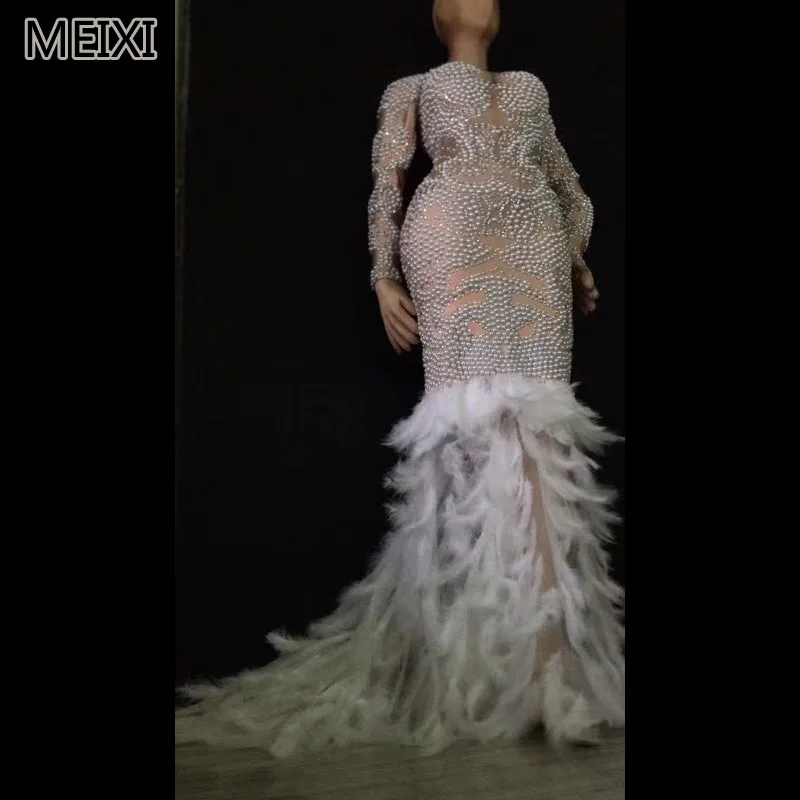 Deep v atmospheric white pearl feather tail elastic clothing bar nightclub concert singer dancer cl