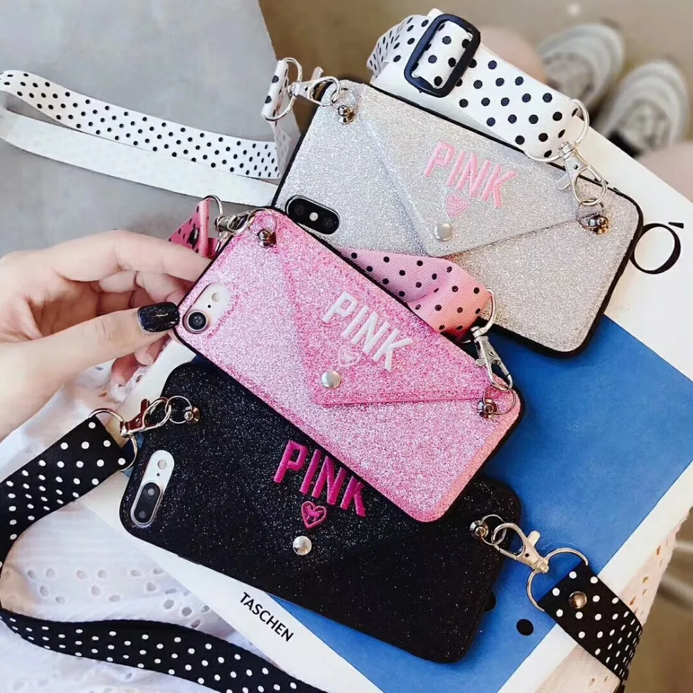 

Luxury Victoria PINK Glitter Embroidery Leather Lanyard Fashion Cute Pink VS Case for iPhone XR XS MAX 7 8 6 6s Plus X Phone
