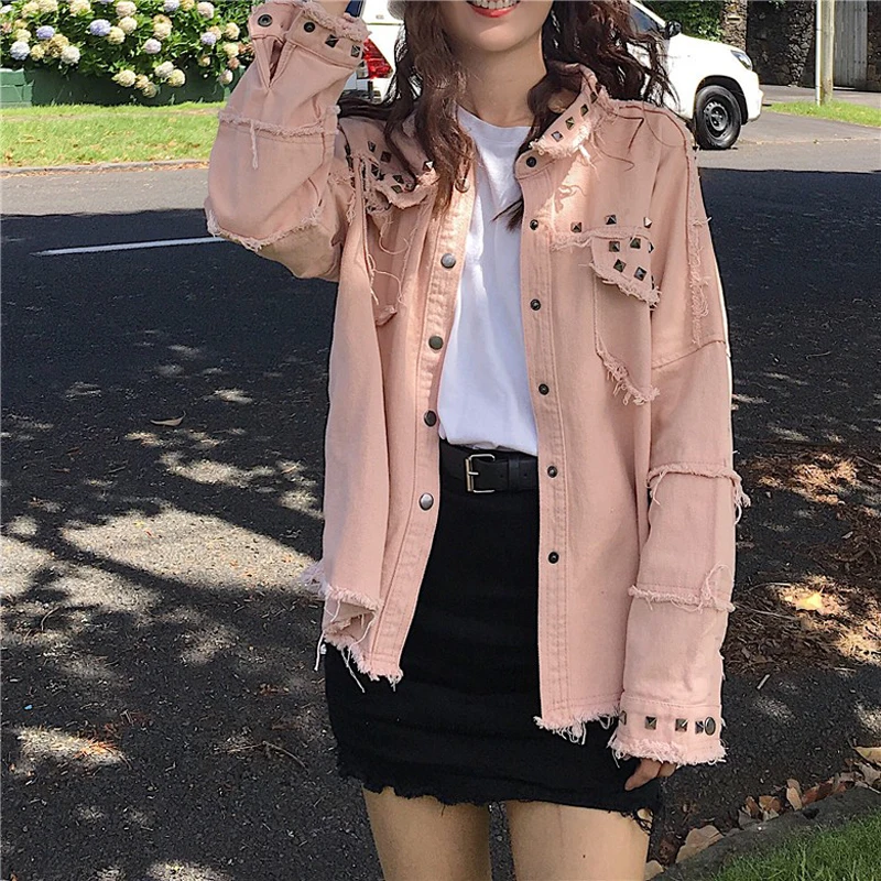Women Rivet bat sleeved causal street wear loose Jacket Vintage Denim Clothing Jacket M--3XL