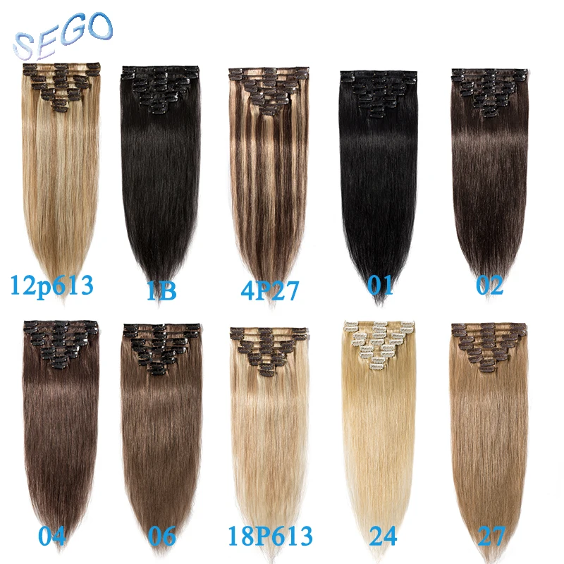 SEGO 1"-24" 110 г-170 г Прямой зажим синтетических Пряди человеческих волос для наращивания 8 шт./компл. волосы на клипсах с двойной прядкой из Non-Remy человеческих волос на зажимах