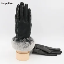 Зима Кролик Мех животных Пояса из натуральной кожи Прихватки для мангала Для женщин Feminino из натуральной овечьей кожи палец черный/коричневый мотоциклов варежки Mujer