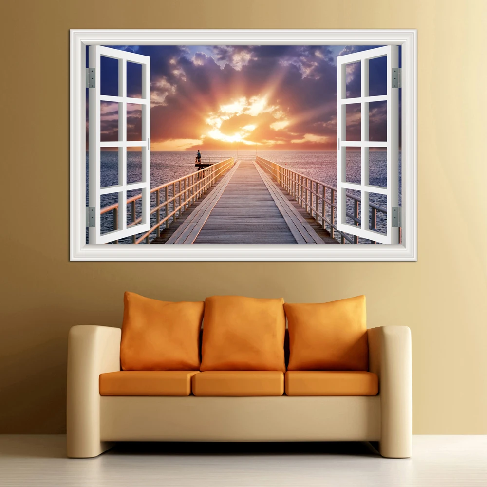 3D Wall Decals Removable Stickers Sunset Seaside Bridge Wall Sticker Landscape Wallpaper Home