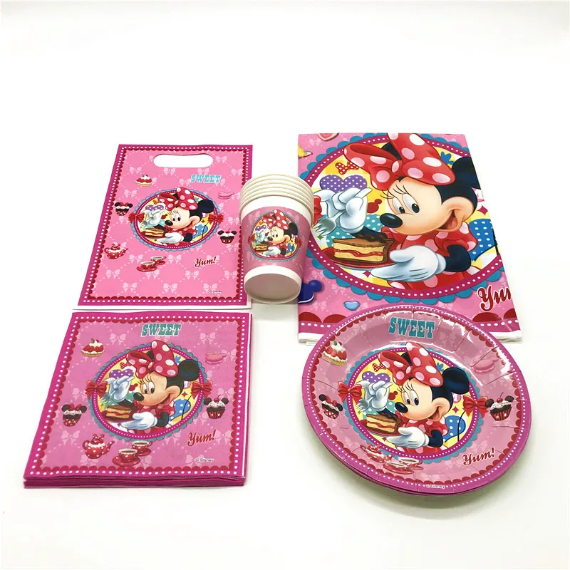 

47Pcs Disney Minnie Mouse Paper Cup Plate Family Party Candy Gift Bag Girl Birthday Party Napkin Tablecloth Decoration Supplies
