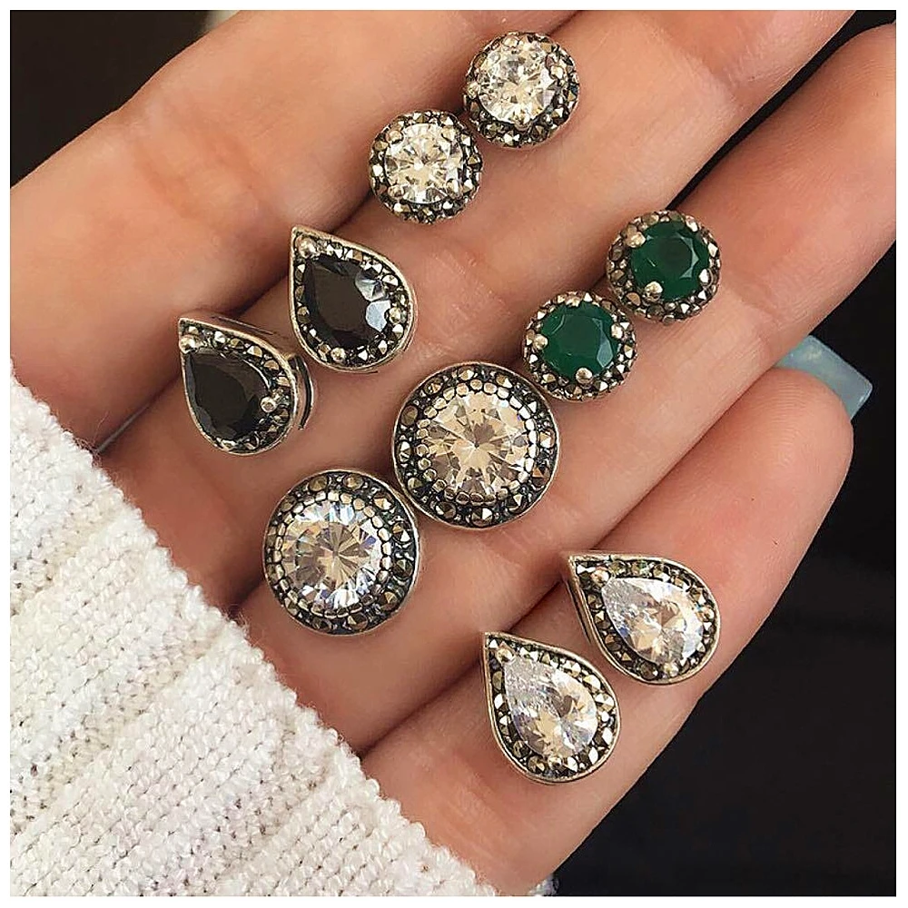 

KISSWIFE 5 Pairs/Set Water Drop Green White Crystal Stud Earrings for Women Boho Jewelry Dazzling Cubic Zirconia Earrings