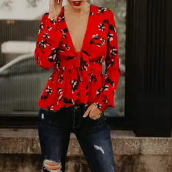 Продаж Женская блузка Мода sexy глубокий v-образным вырезом с цветочным принтом женская одежда women'ss Футболка Топ