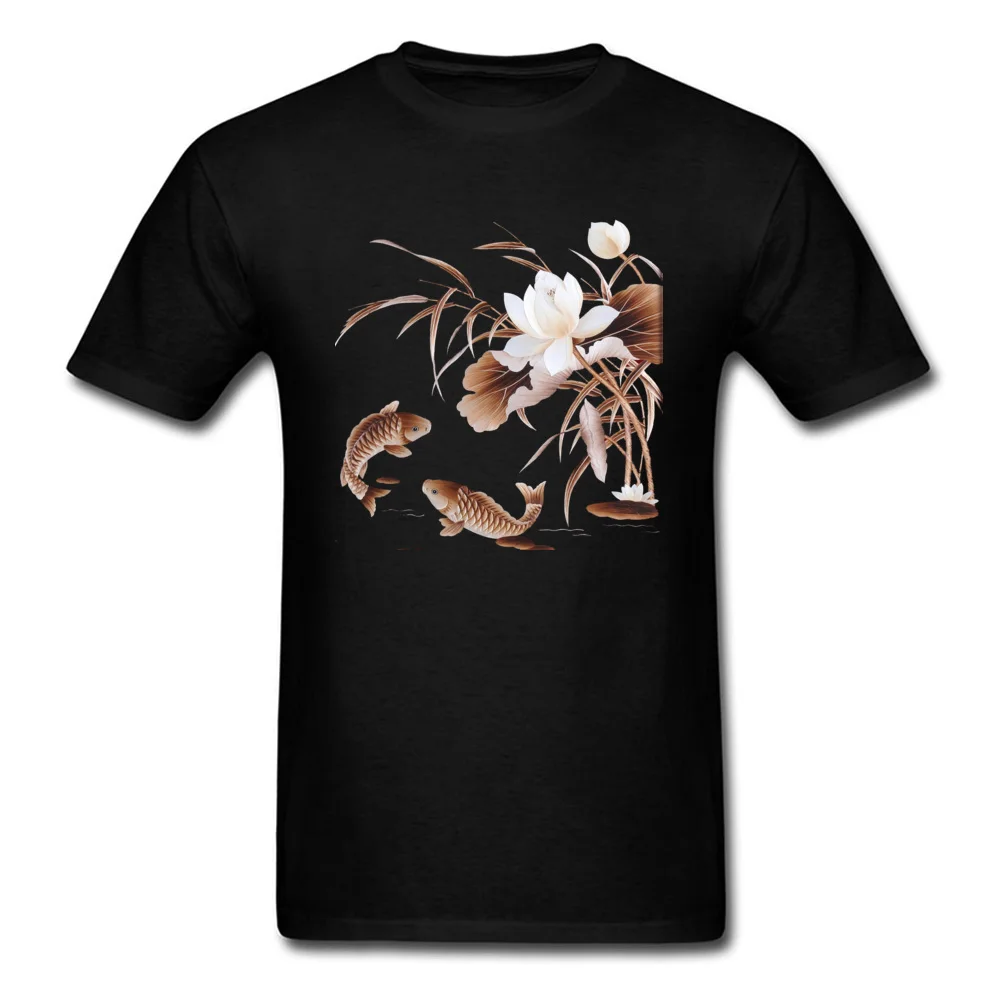 Amazing Scenery 2018 Men Black T-shirt Chinese Reed Carp &amp Lotus Painting Adult Slim Fit T Shirt Cotton Top Tee Casual |