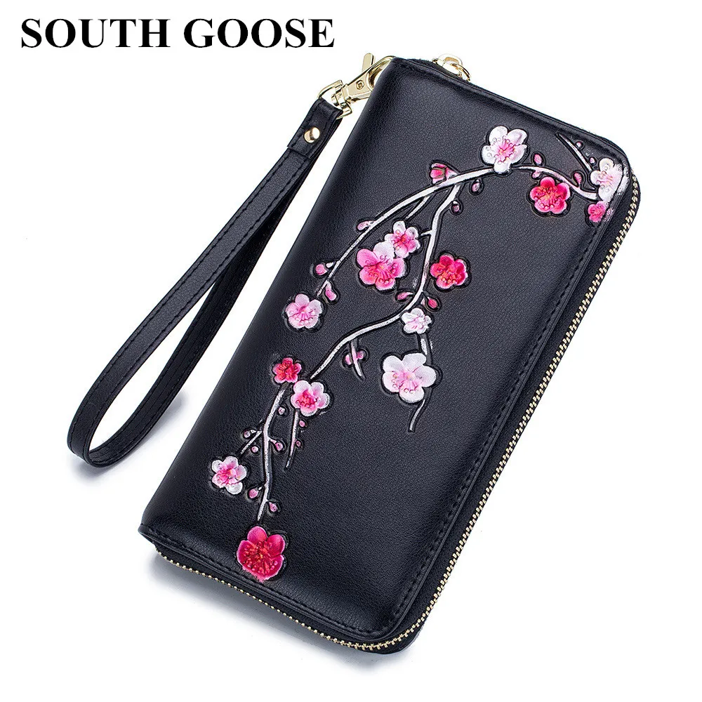 

SOUTH GOOSE New Women Leather Wallets RFID Blocking Long Clutch Wallets Female Credit Card Holder Flower Embossing Travel Wallet