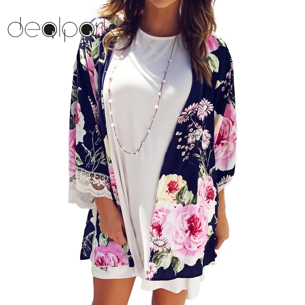 

XXXL Plus Size Kimono Women Boho Cover Ups Floral Print Loose Shawl Kimono Cardigan Lace Three Quarter Sleeve Summer Tops Blue