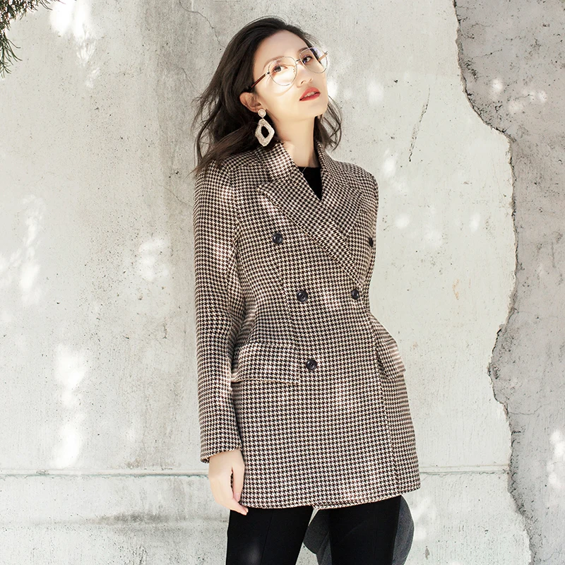 New Plaid Blazers Women Ladies Long Sleeve Plaid woolen small suit jacket female retro loose spring and autumn long suit women