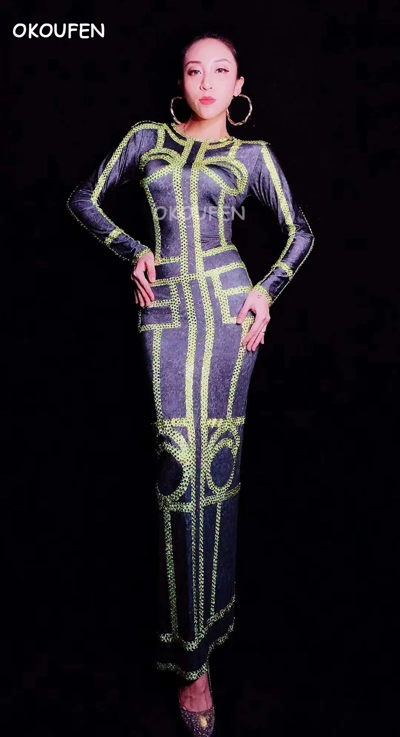 

Singer Car Model Dance Dj Guest Print Elastic Long Siamese Split Skirt Cheongsam Stage Adult Performance Costume