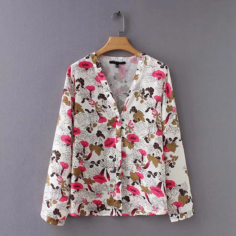 Women Elegant V neck Floral Blouse Long Sleeve Autumn Spring Printed Ladies Shirt Female Slim Casual Tops ZA8981 |