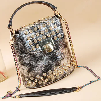 

Women Crystal Totes Punk Messenger Bags Rivets Luxury Purple Black Leather Evening Bags Ladies Small Crossbody Shoulder Bags