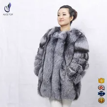 High quality luxury winter coat whole pelt design natural fur silver fox coat for women