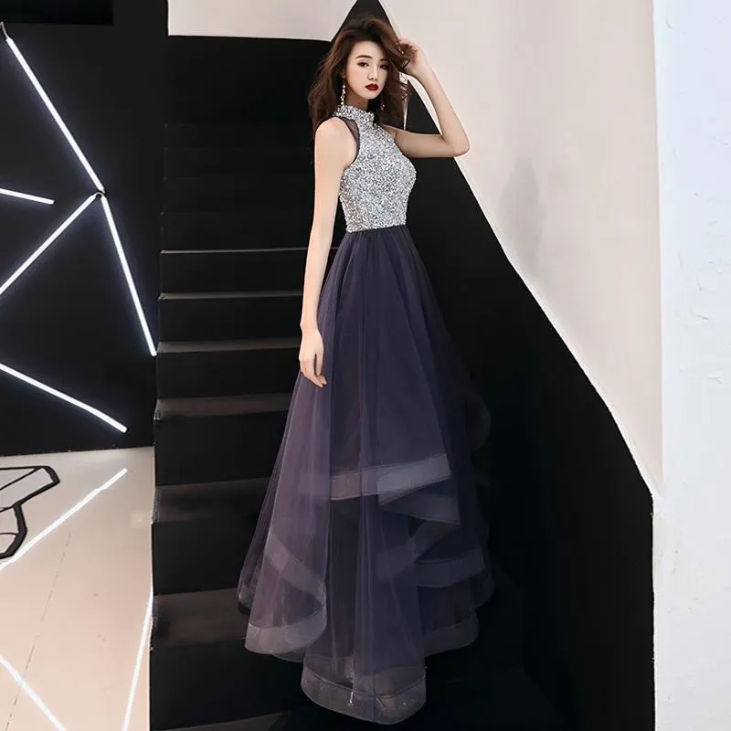 

Vestidos De Gala Purple Sequins Bling Hatler Neck A-line Dresses Women Party Night Custom Plus Size Long 2019 Prom Dresses E442