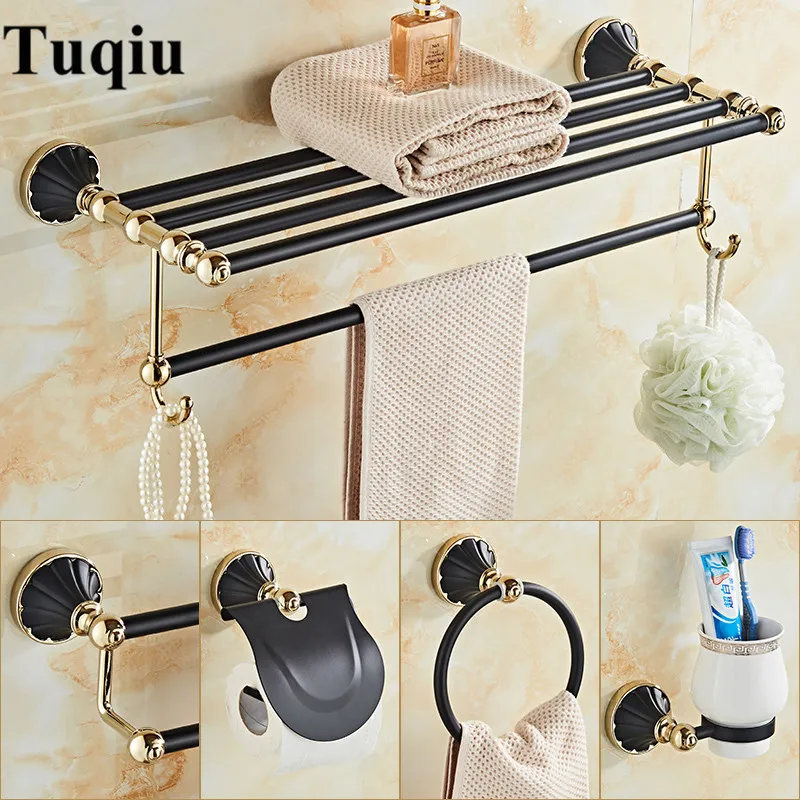 Nuevas llegadas oro y Negro accesorios de baño Set, sostenedor de papel, barra de toalla, Sostenedor del cepillo del tocador, toalla de baño estante conjunto de Hardware