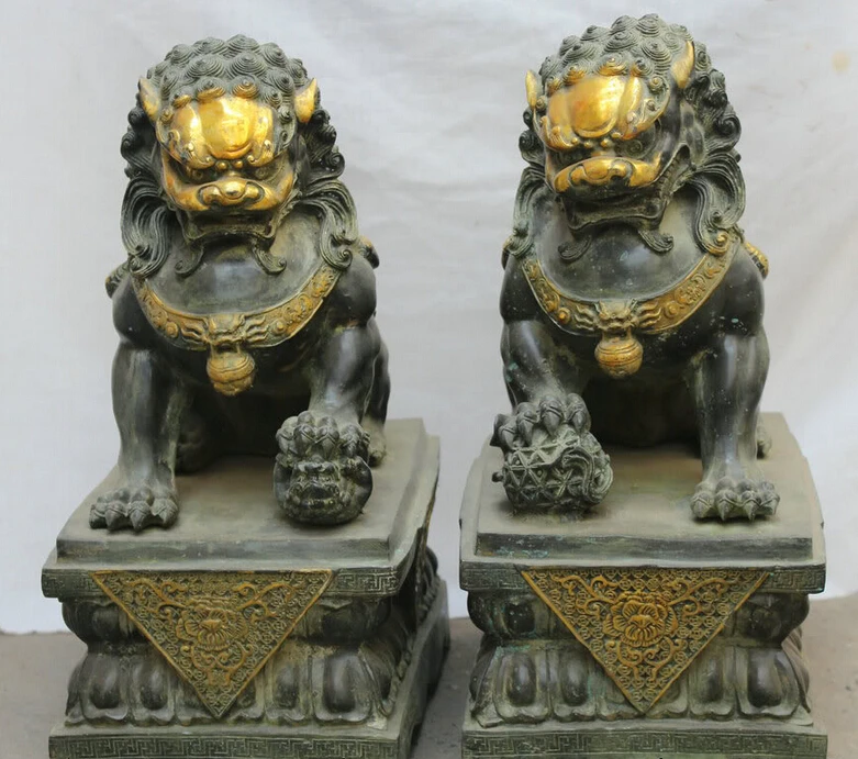 

song voge gem S1921 17" China Chinese Fengshui Bronze Door Gate Foo Fu Dog Guardion Lion Statue Pair