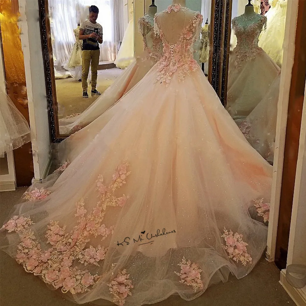 bridal shower dress Diamond Tulle Vintage Wedding Dress 2018 Vestidos de Noivas Pearls Flowers Pink Bride Dresses Custom Made Princesa Wedding Gowns long sleeve wedding dresses