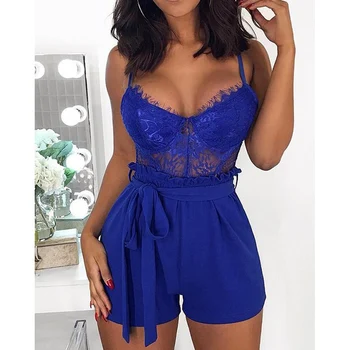 

Women Summer Sexy Hollow Out Spaghetti Strap Playsuit Backless Female Zipper Lace Casual Rompers Night Club Overalls SJ2418U