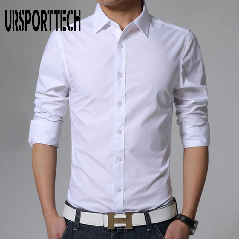 URSPORTTECH Camisa de larga para hombre, Color caramelo liso, ajustada, Formal, de negocios, de marca, talla grande|Camisas de vestir| - AliExpress