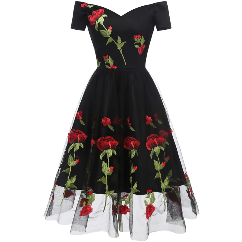 

New Fashion Ladies graduated Party Dress Sexy off-the-shoulder Elegant Backless Dress Embroidered Black Rose Lace Gauze Dress.