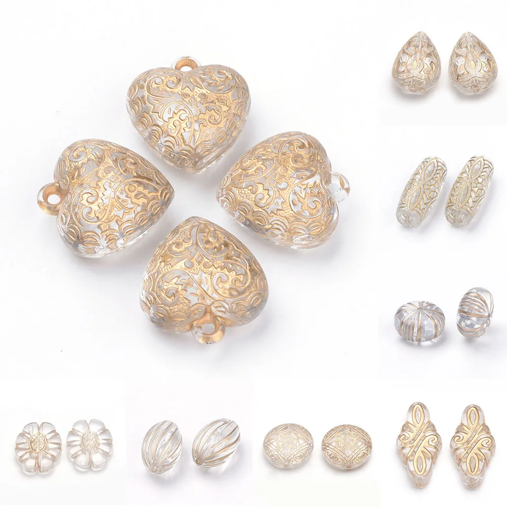 

20pcs/lot Plating Transparent Clear Acrylic Pendants Mixed Shaped Golden Metal Enlaced Beads Crystal Exquisite Delicate Charms