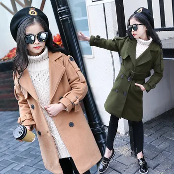 

2018 Autumn New Children Girls Cool Korean Style Pure Color All - Matching Middle - Length Woolen Coat Girls Blends