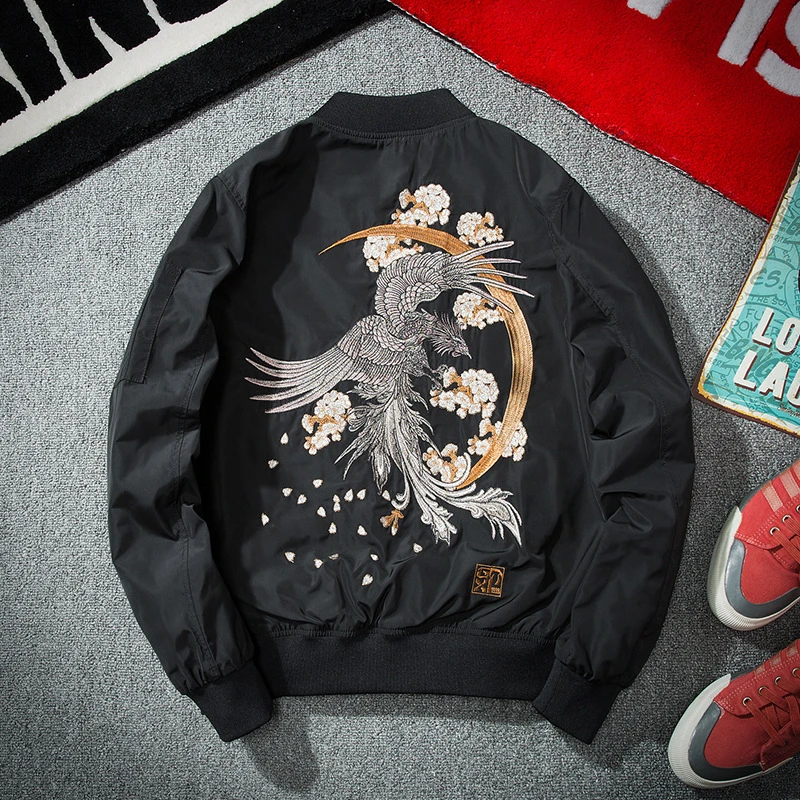Bomber Jacket Men Hip Hop Embroidery Phoenix Flight Jackets Autumn Winter Retro Baseball Jacket Harajuku Streetwear