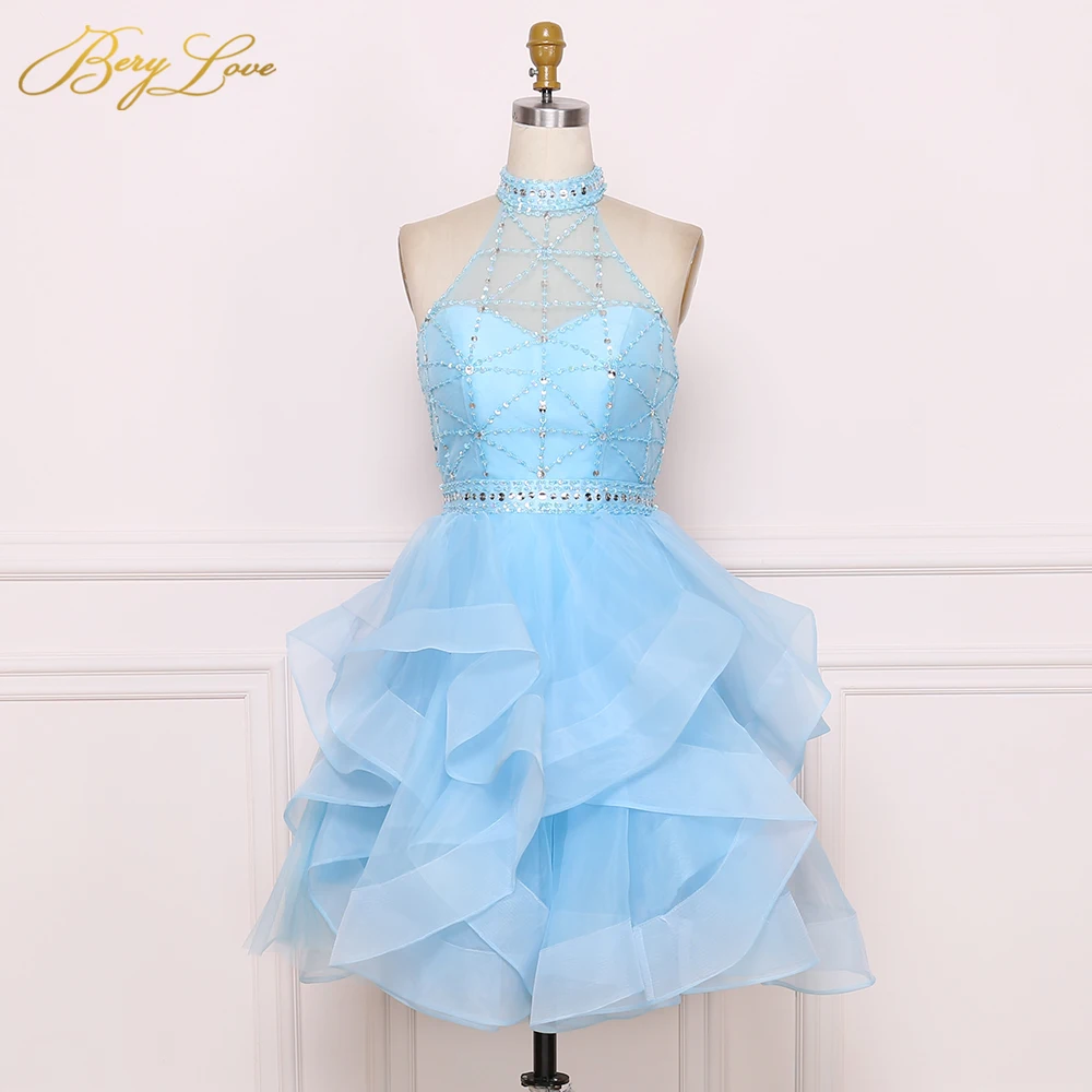 

BeryLove Short Blue Homecoming Dress 2019 Beaded Halter Neck Ruffled Skirt Mini Cute Graduation Dress Crystal Belt Cocktail Gown