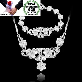 

OMHXZJ Wholesale Personality Fashion Woman Girl Gift Silver Flower Chain 925 Sterling Silver Bracelet+Necklace Jewelry Set SE32