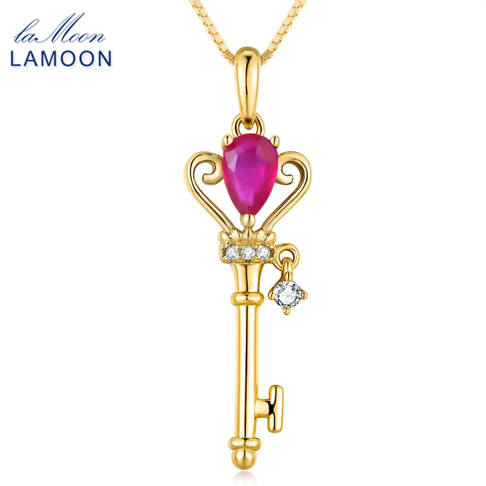 

LAMOON Crown Key Pendant Necklace 6x4mm Natural Teardrop Red Ruby 925 Sterling Silver Jewelry LMNI043