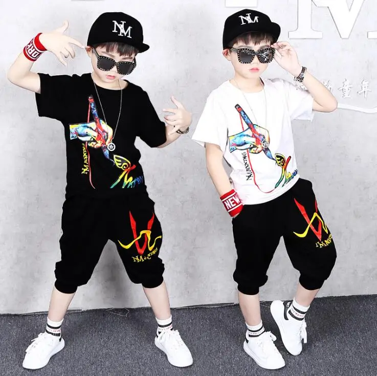 

For 4 6 8 10 12 14 Years Summer Boys clothes Outfits Dance Cotton clothing Set Big children T shirts shorts tracksuit