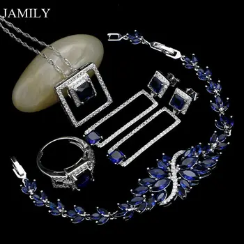 

Fashion Silver 925 Jewelry Sets Squre Earrings&Pendant&Ring&Necklace&Bonzer Blue Cubic Zirconia Bracelet Jewellery Set For Women