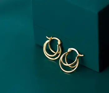 

1pair Real. 925 Sterling Silver jewelry White/ Golds Open Multi-Circles 3-Rows layers Geometric Hoop Huggie Earrings GTLE2795