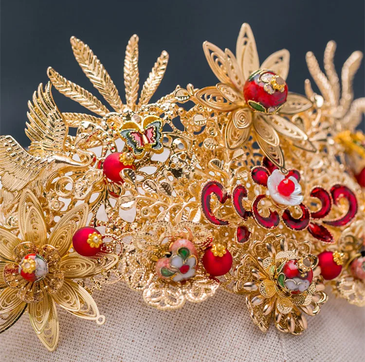 JaneVini Традиционный китайский стиль Свадебный Золотой головной убор цветочные древние красные заколки бисером Свадебные украшения Аксессуары для волос
