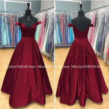 

Modest Off Shoulder Prom Dress for Black Girls Long Sleeves Zipper Beaded Evening Gowns Cheap Plus Size Satin robe de soiree