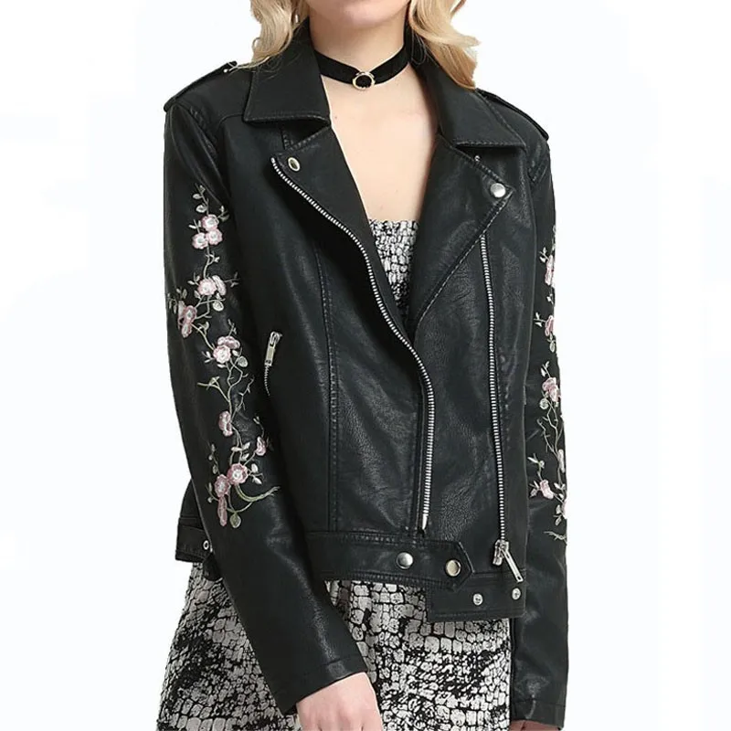 

2019 New Women Punk Clasic Zipper Faux Leather Jacket Autumn Winter Good Quality Motorcycle flower embroidery Black Pu Coat PY25