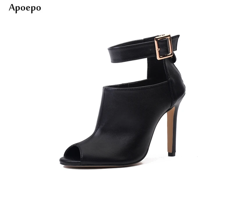 

New Newest Runway High heel Sandal Boots 2018 Summer Sexy Peep Toe Ankle Strap Thin Heels Boot Metal Buckle Strap Short Boots