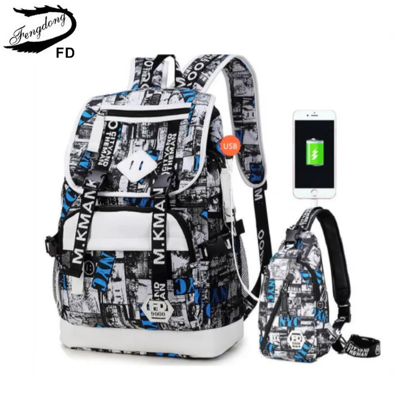 FengDong Men USB port Backpack waterproof male chest bag set College bags one shoulder travel backpack high School Bags for boys