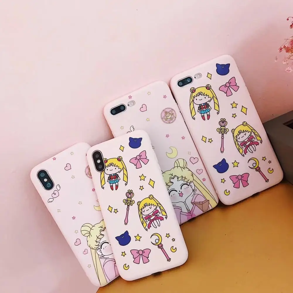 

10pcs/lot Japan Cute Sailor Moon Cartoon Matte Soft TPU Full Cover Phone Case For iPhoneX 8/6s 7plus Skinny Shell Protection