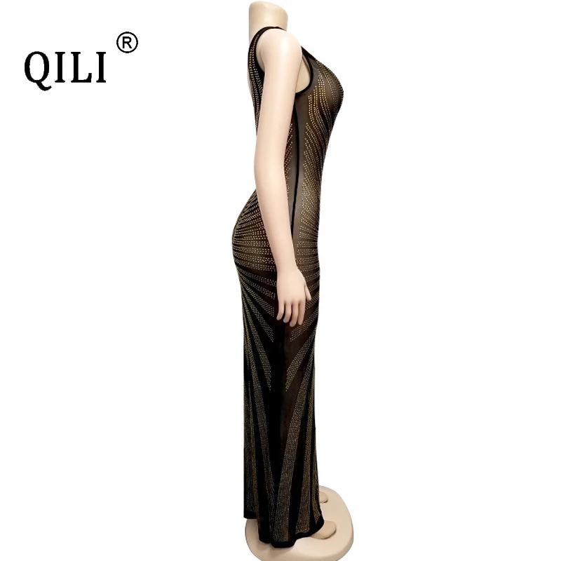 QILI Women One Shoulder Diamonds Dress Sexy High Split Mesh Rhinestone Long Maxi Dresses Evening Party Club Dress Gold