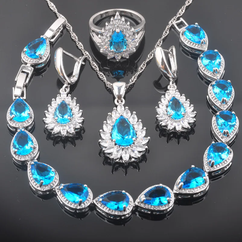 

FAHOYO Water Drop Sky Blue White CZ 925 Sterling Silver Women Jewelry Sets Bracelet Necklace Pendant Earrings Ring QS0393