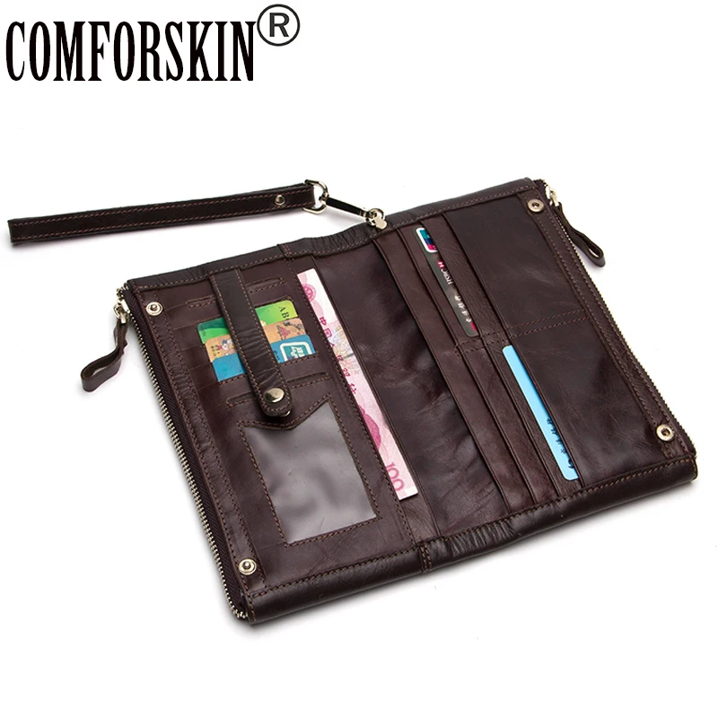 

Double Zippers Large Capacity Organizer Wallets for Men Real Leather Cowhide 2017 Long Retro Men Clutch Purses with Wristlets
